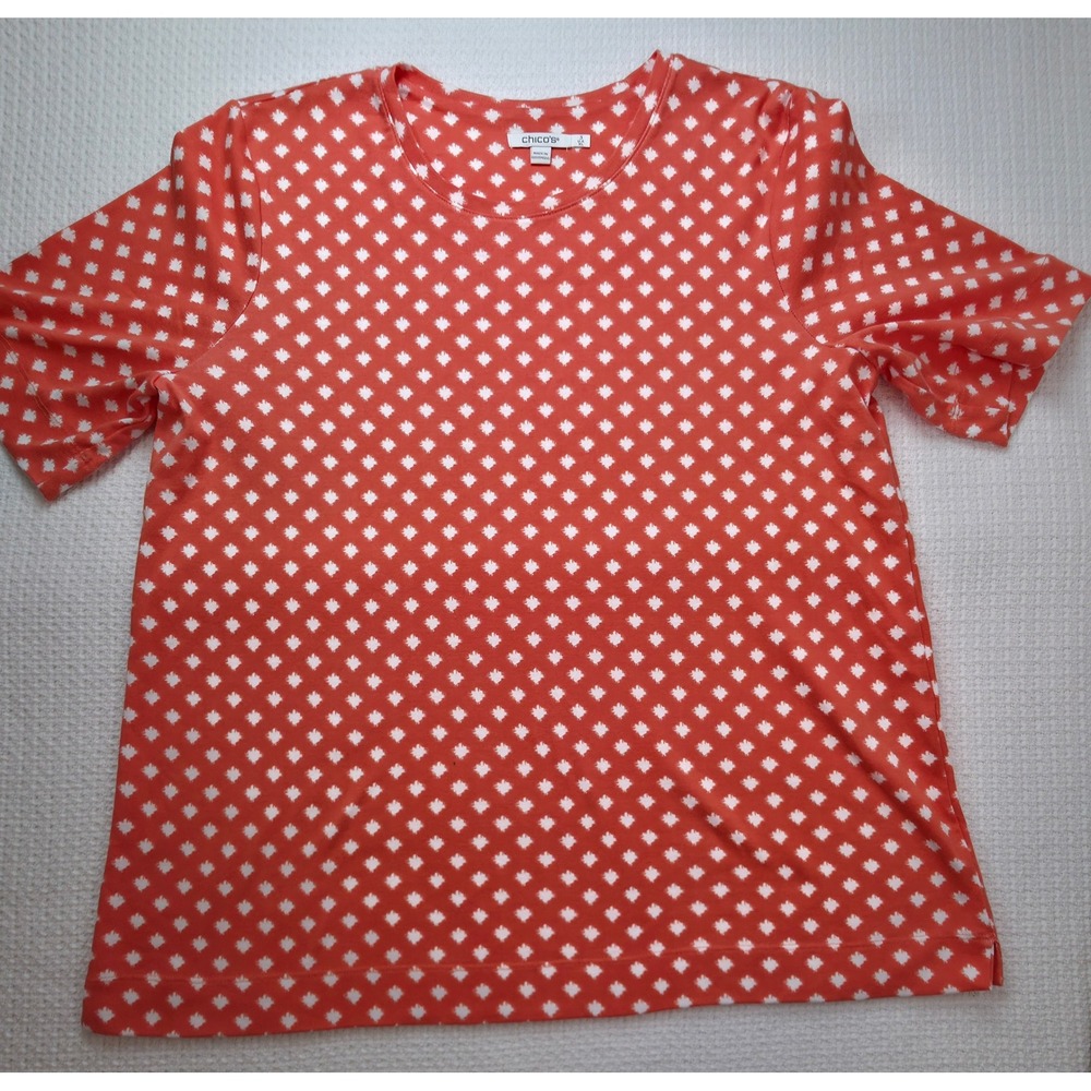 Chico's Knit Top Women Size 3 XL Orange White Ikat Diamond Short Sleeve